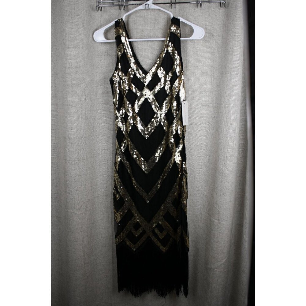 Sequin Flapper Dress with Fringe, Black & Gold Size Small NWT - Picture 2 of 2